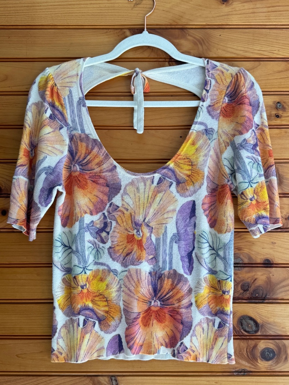 Maeve Anthropologie Open Back Knit Top S Watercolor Floral Boho 70s Retro